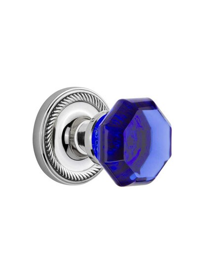 Rope Rosette Door Set with Colored Waldorf Crystal Glass Knobs Cobalt Blue in Polished Chrome.